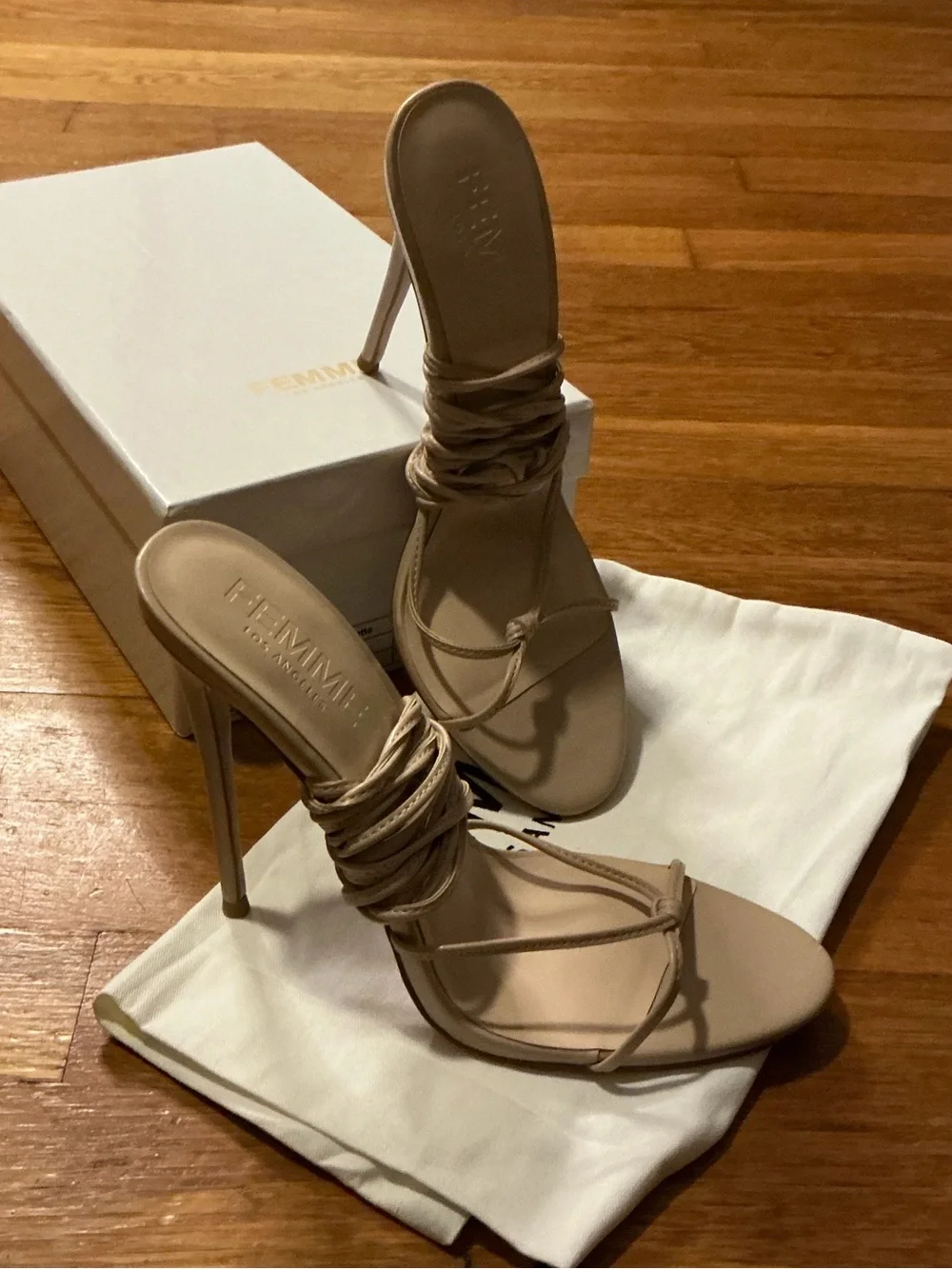 FEMME LA Nude Wrap-Strap Stiletto Sandals